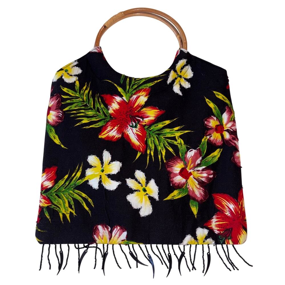 Rare VNTG 80s/90s Joy Wenger Tiki Hawaiian Beaded Fringe Bag Wooden Handle
